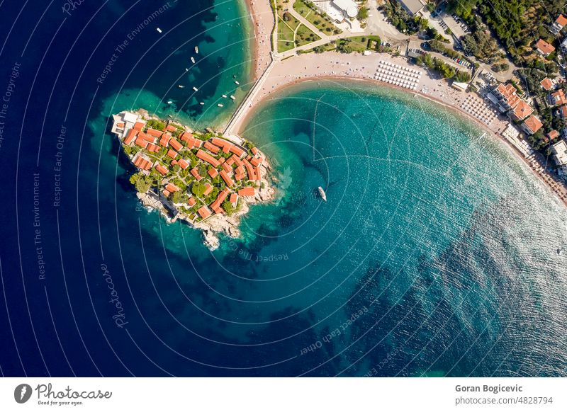 Aerial view at Sveti Stefan islet in Montenegro sveti stefan aerial beautiful adriatic sea landmark resort water coast budva tourism hotel vacation europe