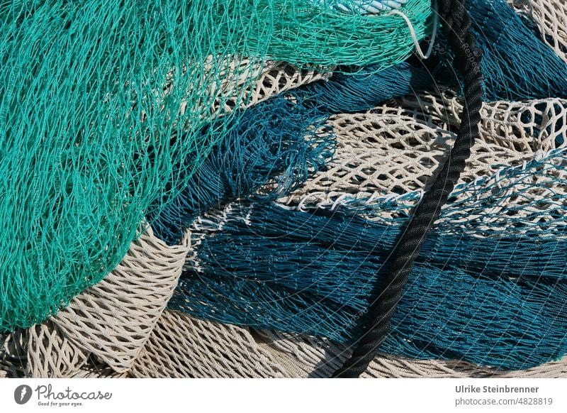 Fishing nets with rope Net fishing Safety gear Network Knot Fishery Structures and shapes Rope Dew leash Green Black Catch Deserted Fishing port Detail Pattern