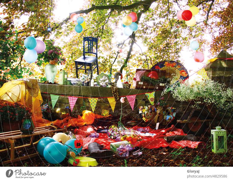 A happy garden party with floating chair Feasts & Celebrations cheerful Happiness variegated Picnic out being out Joie de vivre (Vitality) Birthday Party