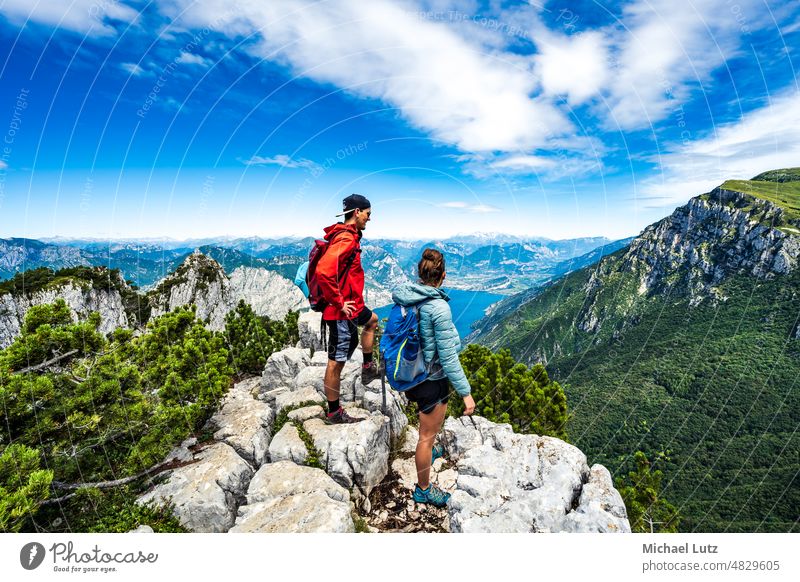 Hike on Monte Baldo mountain Hiking Italy Lake Garda Tall Vantage point Panorama (View) Mountain Nature Vacation & Travel Woman Man Athletic fun Malcesine