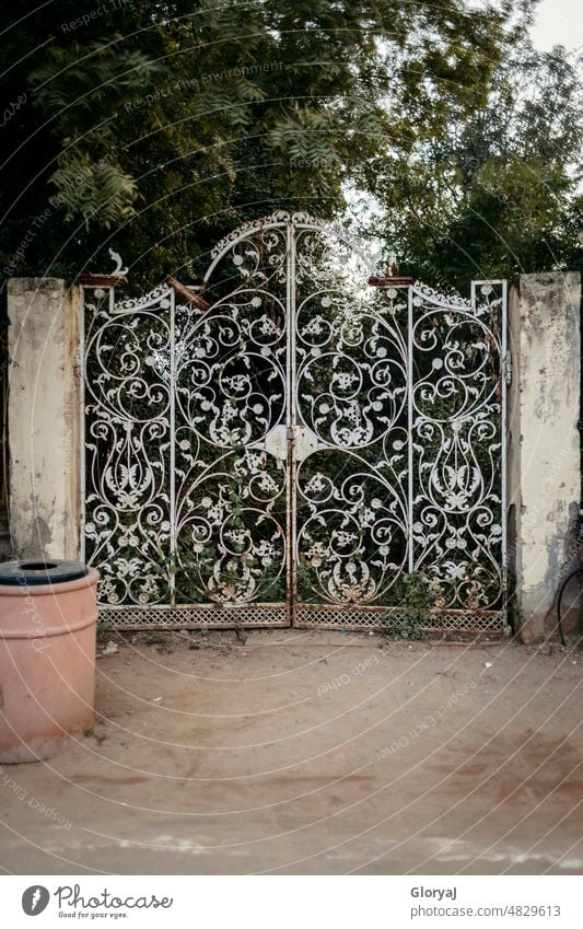 A gateway to another world Gate Goal Passage Closed floral pattern Entrance Way out Front door Old Main gate Deserted Structures and shapes Exterior shot