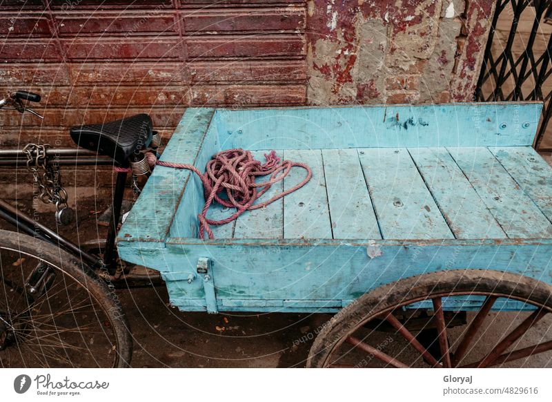 A blue cart with a pink rope Trailer Cart Bicycle Blue pendant Pink Rope Cycling tour Bicycle tyre Wood Exterior shot Deserted Logistics Cargo Street Transport
