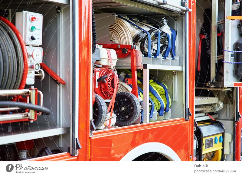 Firetruck equipment, close up fire firetruck emergency brigade firefighter firefighting department protection system alarm danger device help hot red safe