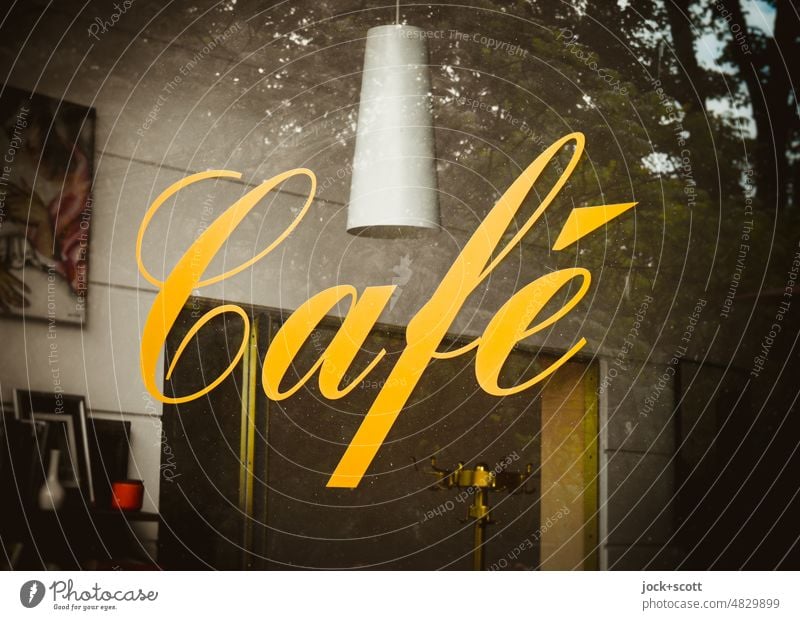 [hansa BER 2022] look a café Café Gastronomy Word Typography Characters Pane Old fashioned squiggled golden Berlin Hansa Quarter Hanging lamp Shop window