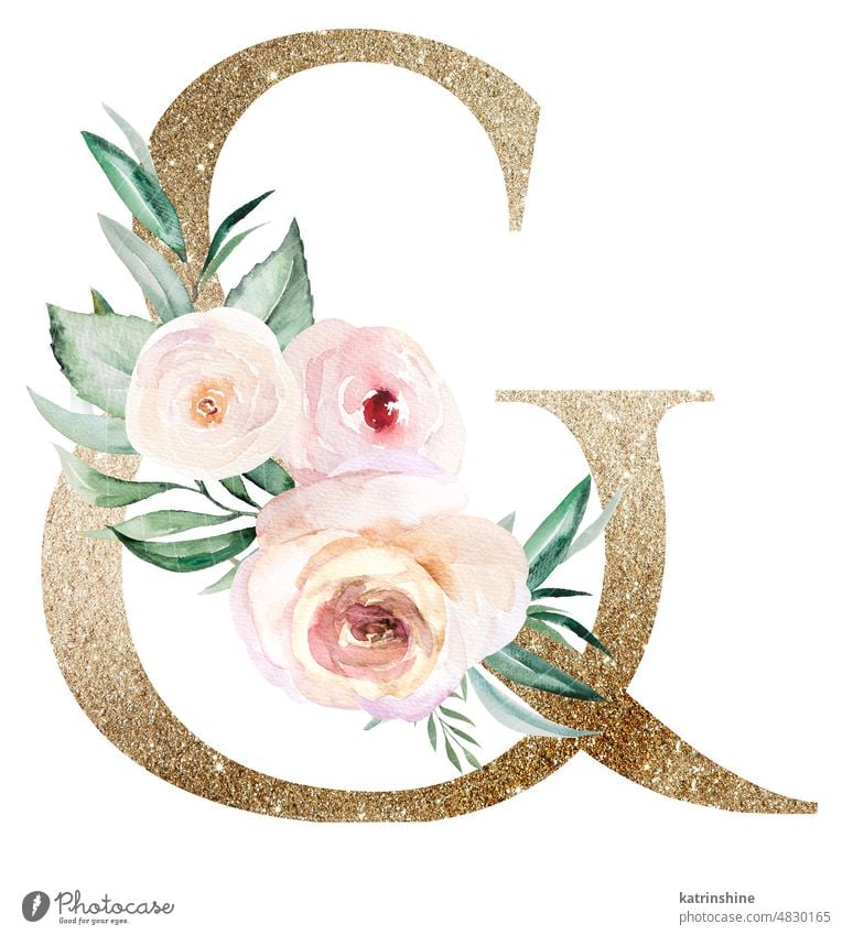 Light golden symbol Ampersand with watercolor roses and leaves. Pastel floral alphabet Botanical Character Drawing Element Hand drawn Holiday Isolated Nature