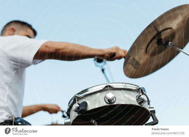 Man playing drums against the sky Drum Drum set Drummer Drumstick Jazz Make music Music Rhythm Musician Concert Beat Sound sticks Musical instrument Practice