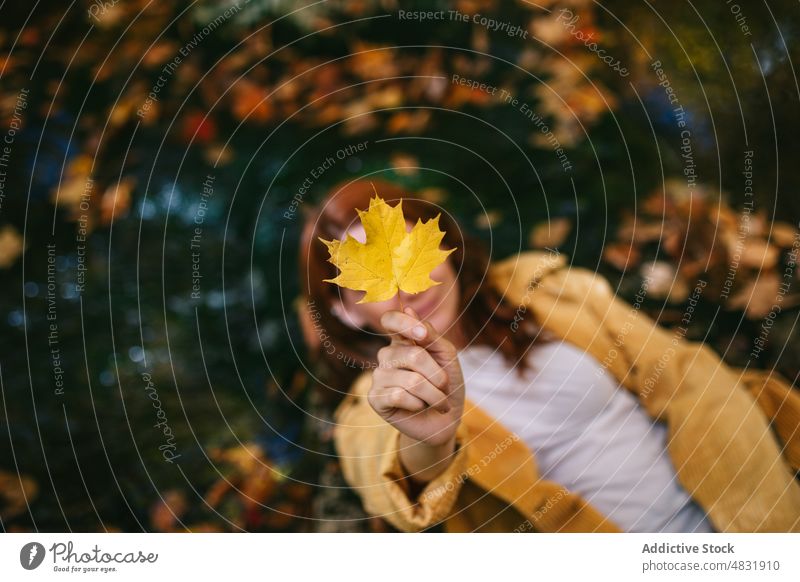 Anonymous woman showing dry maple leaf in park autumn carefree foliage nature fall female enjoy orange fun plant dried october lying environment demonstrate
