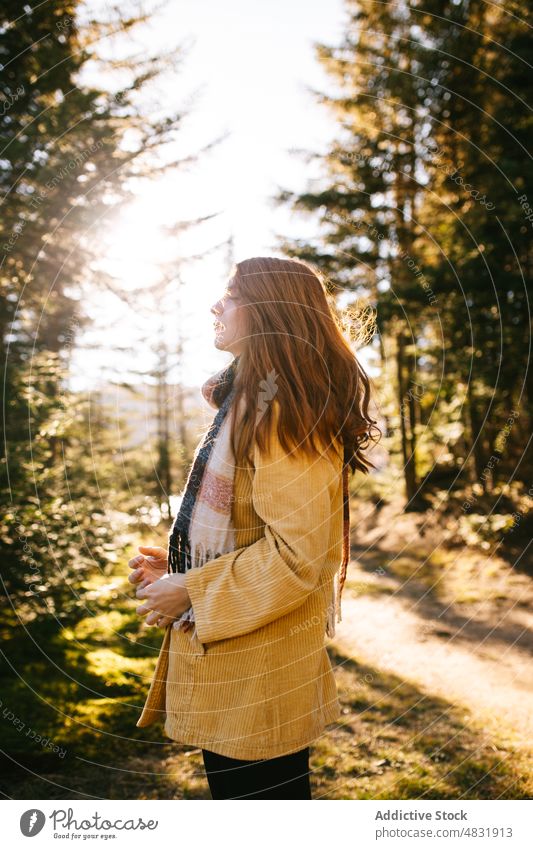 Thoughtful lady during trip at sunset in forest woman autumn tourist thoughtful redhead maple travel nature explore leaf female young long hair sunrise