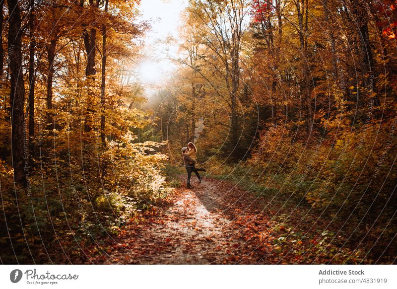 Couple embracing each other in autumn forest in Canada couple traveler adventure lift season explore canada path woods vacation nature relationship together