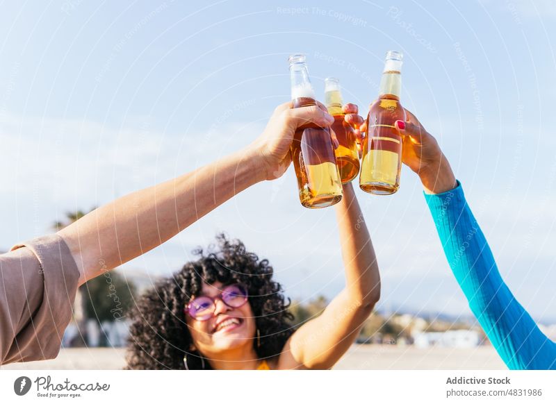 Diverse friends proposing toast on beach beer picnic summer together smile clink bottle man women diverse multiracial multiethnic black african american
