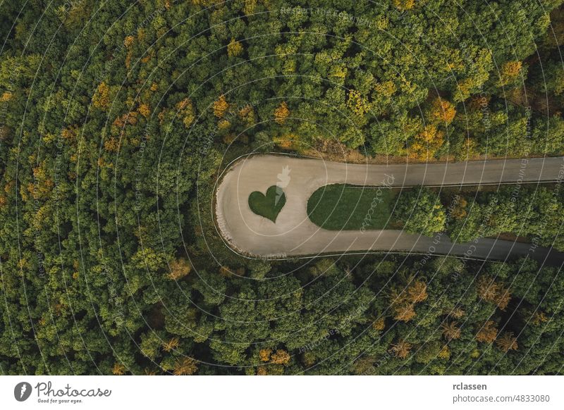 "Love sign" hand heart symbol in a curved Road in the forest, drone shot love road aerial view eye landscape shape nature adventure green valentine country car