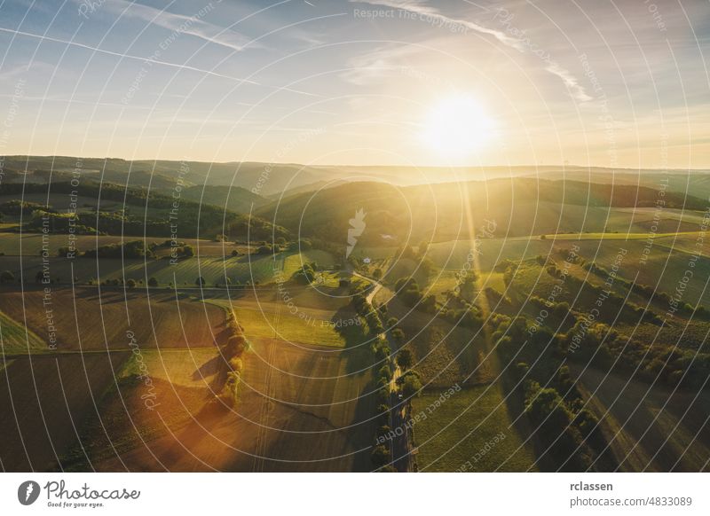 View to the Nationalpark Eifel at sunrise in germany eifel aerial mountains drone green lake freeway landscape mist nature road river rur rursee countryside