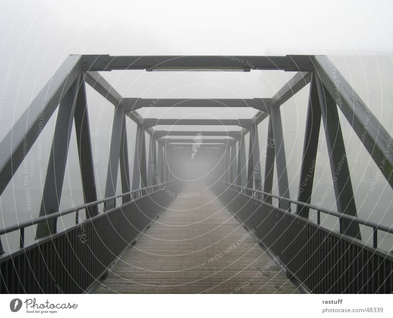 bridge in the fog Fog Steel Construction Gray Aspire Iron Wood Loneliness Bridge Handrail Wooden board grey lonelyness Sadness