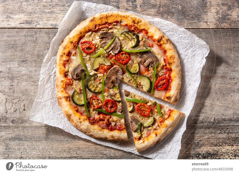 Vegetarian pizza with zucchini, tomato, peppers and mushrooms delicious diet dish dough flour food healthy ingredients isolated italian ketchup nutrition olive
