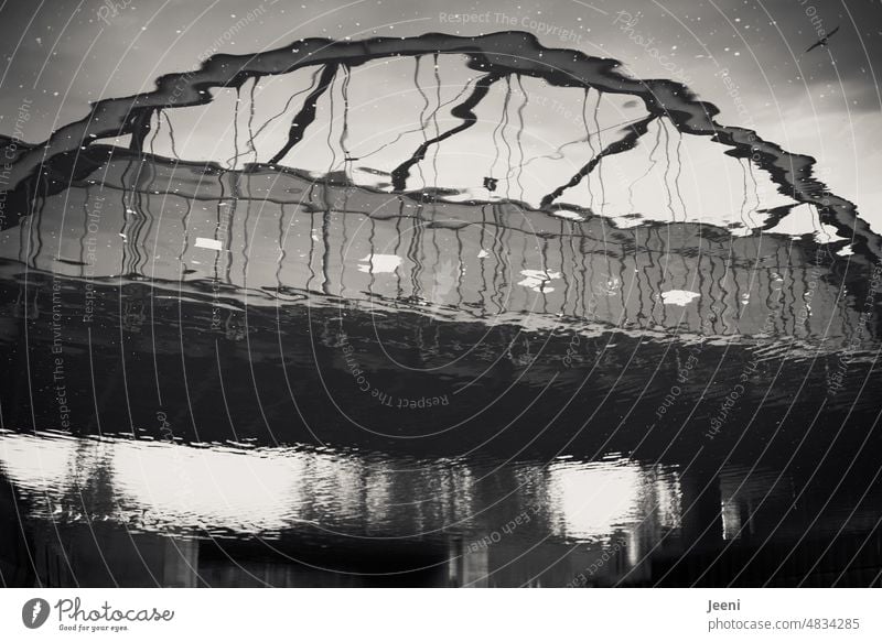 Bridge reflection Arch Architecture Manmade structures River Reflection Sky Water Town Bridge construction hazy running waters Inaccurate Vague black-and-white
