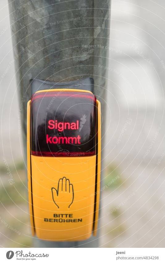 What comes what stays? | Signal comes... Signal coming Red Traffic light Traffic infrastructure Wait Illuminate Safety Pictogram Please touch Hand