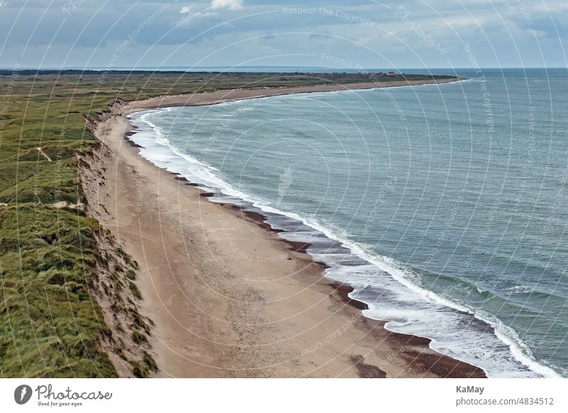 View from the limestone rock Bjulberg to the landscape at the North Sea coast in Jutland, Denmark Vantage point Landscape Aerial photograph Beach wide
