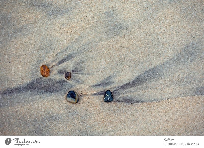 Four stones on the wet sandy beach of the Danish North Sea coast Sand Beach Wet Washed up rinsing seam washed ashore flotsam four Multiple Denmark Scandinavia