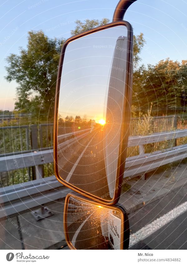 good morning Sunrise Vehicle Means of transport Road traffic highway exterior mirrors Rear view mirror Reflection Mirror Transport Highway Street Summer