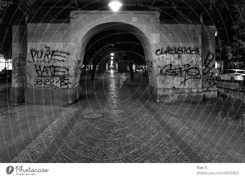 Night under the viaduct Prenzlauer Berg Schönhauser Allee b/w Graffiti Berlin Capital city Town Downtown Old town Exterior shot Deserted Manmade structures