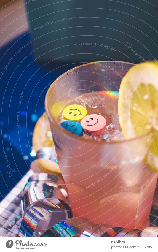 Conceptual image about spare funny time at a disco party drinking fresh coctails summer celebration event alcohol cold drink wellness wellbeing leisure