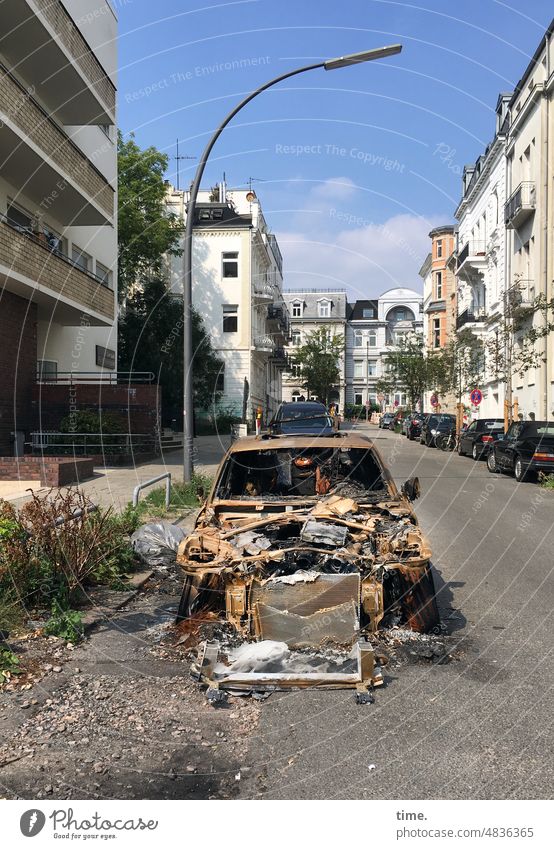 Crime Scene | G20 Burn Out Destruction car burnt Street houses Scrap metal Total loss Car Vehicle Wrecked car Transience Metal Burnt out