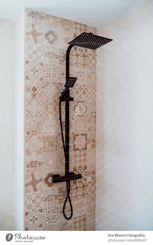 black Shower Cabin in modern Bathroom. Home improvement droplet glasses warm screen hot splashing cubicle wet bathing new dripped washroom water clean behind