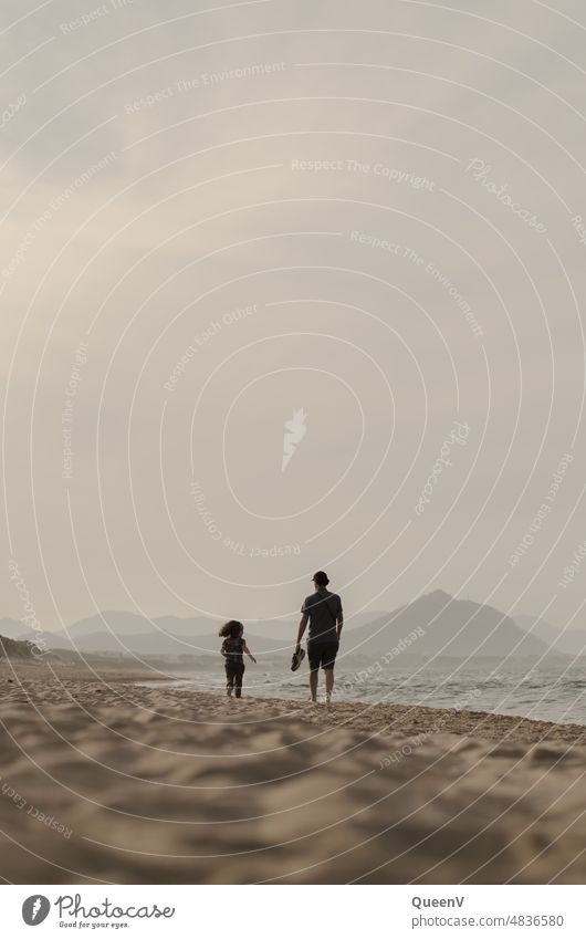 Father and child walking on beach Child parenthood Paternity vacation Ocean Happy Summer Love Man dad Parents Infancy Happiness Daughter Family Parenting