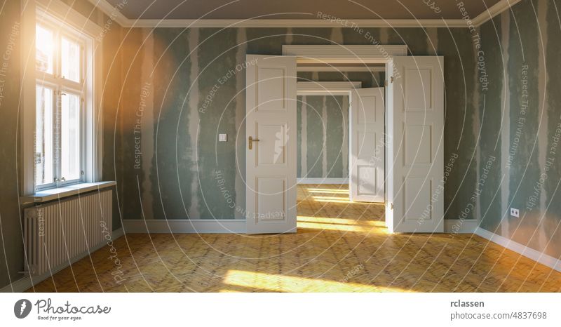Room in renovation in elegant apartment for relocation with Flattened drywall walls plaster repair old commercial new renovate room architecture building