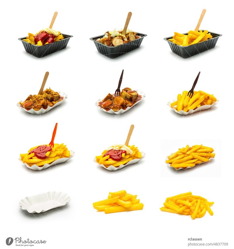 currywurst and french fries set collage frit portion potato snack German potato rod frit bude thick eat chips french bude sausage meat sharp fast food cut