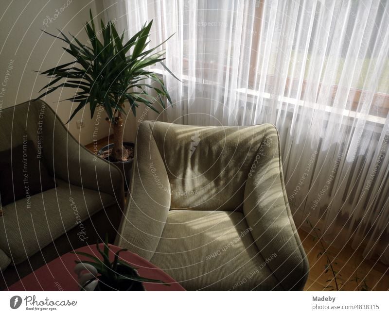 Grandma's favorite armchair in a living room with couch, green plants and white curtain in Wettenberg Krofdorf-Gleiberg near Giessen in Hesse, Germany Armchair