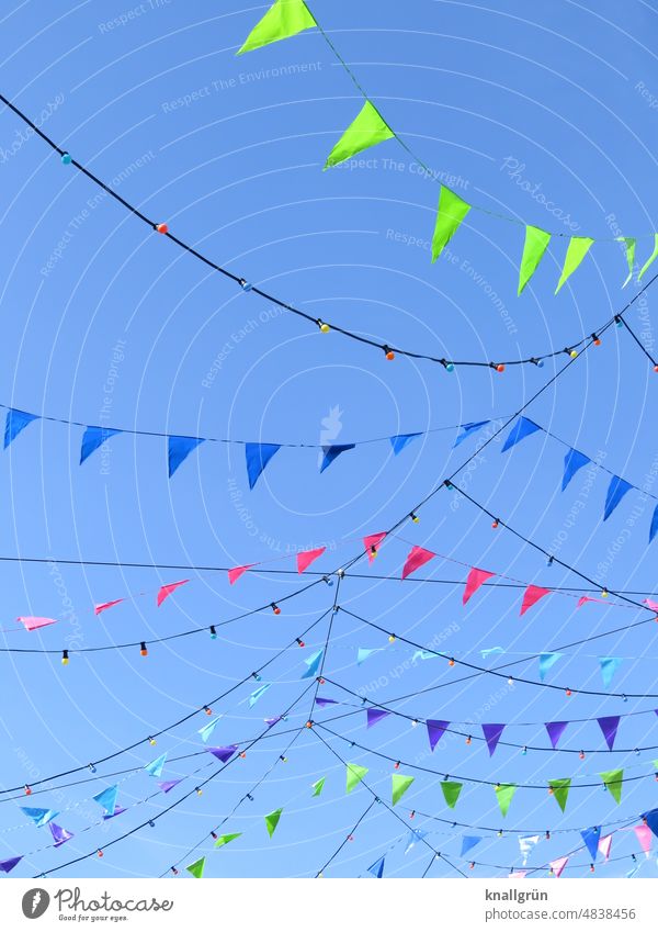 Colorful pennant strings against blue sky pennant chain Judder Decoration Feasts & Celebrations Flag Paper chain Multicoloured Party Event Street party Deserted