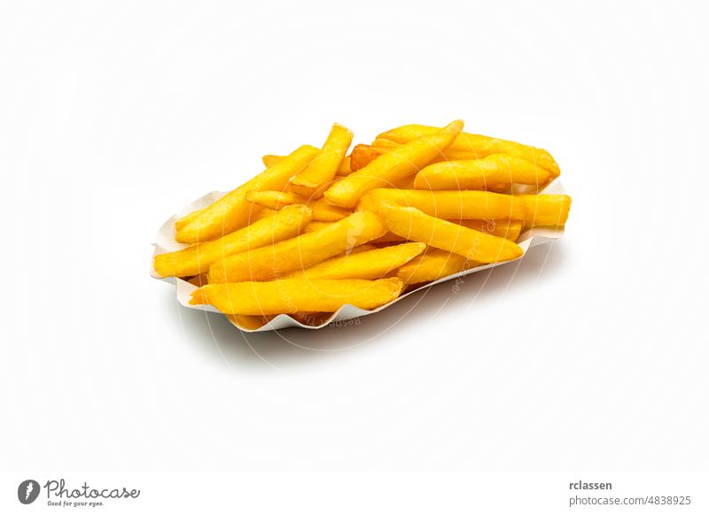fries in a shell on white frit portion potato Pommes french fries Dutch snack German potato rod fries stande fritüre thick eat chips french bude fast food