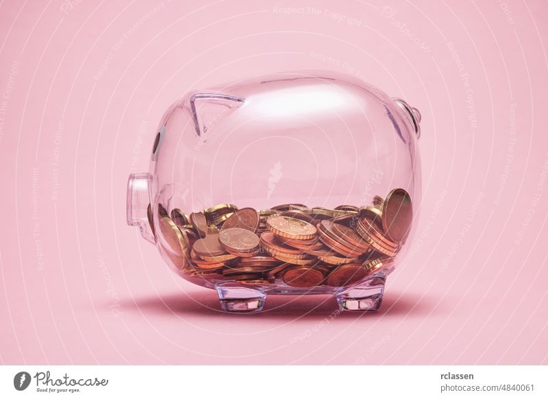 transparent piggy bank with money coins euro retirement budget tax future personal glass finance pension credit assets abundance accounting allowance banking