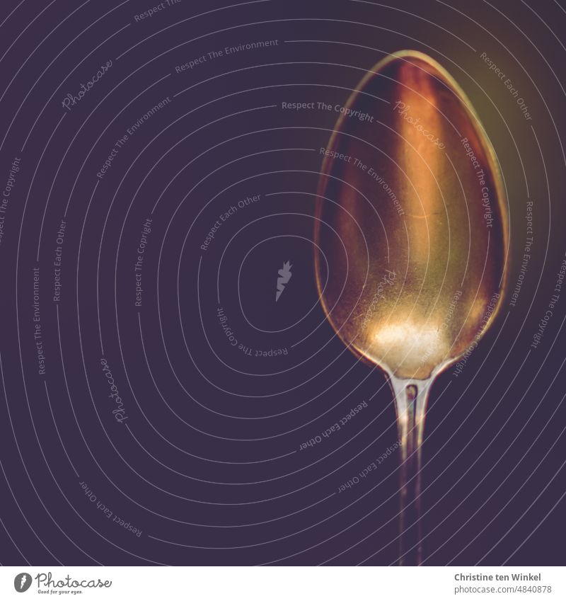 An old coffee spoon shines in the darkness Spoon Teaspoon Metal spoon Cutlery Close-up Nutrition minimalism Minimalistic Household Oval Glittering Low-key