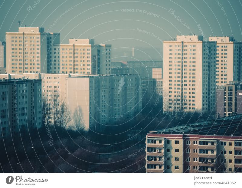 Plate view of redeveloped large housing estate Marzahn Berlin Prefab construction High-rise Facade GDR architecture Tower block dreariness Panorama (View)