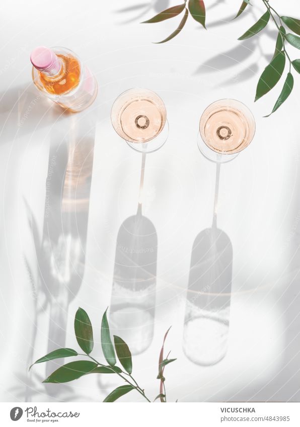 Rose wine in bottle and glasses on  white background with green branches, sunlight and shadows. rose wine wineglasses elegant modern alcohol concept top view