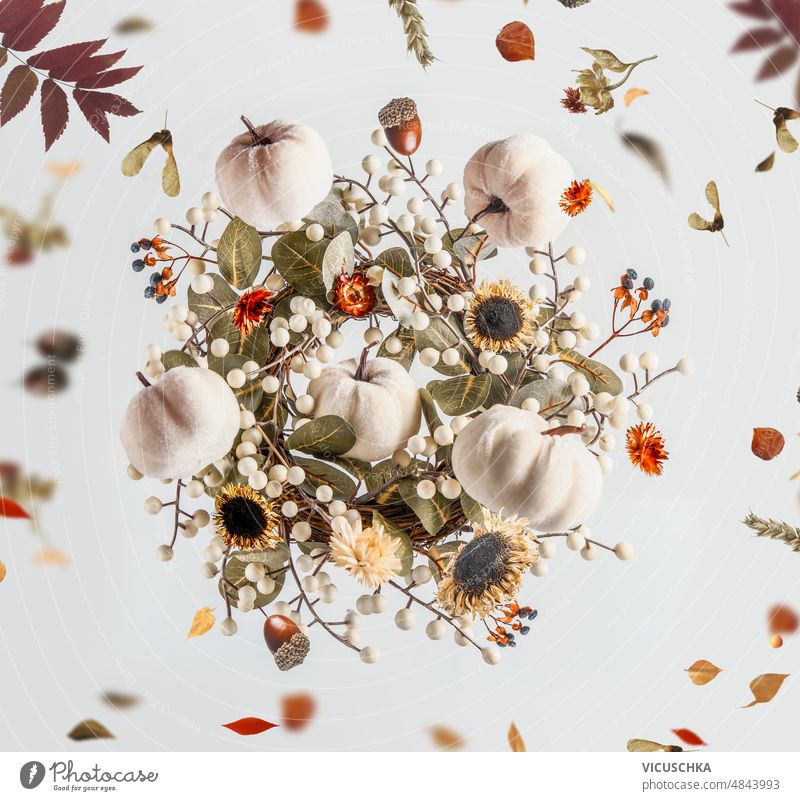 Autumn composition with flying white pumpkin, fall leaves, dried flowers and acorn at white background. autumn composition seasonal levitation concept