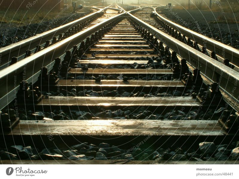 ...endlessly Railroad tracks Light Infinity Shadow Detail Train station Lanes & trails