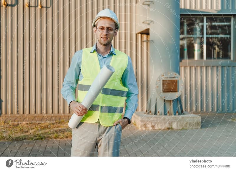 Foreman supervisor in suit and helmet on head, holding folder with documents at industrial factory. foreman industry service gas technician thermal power plant