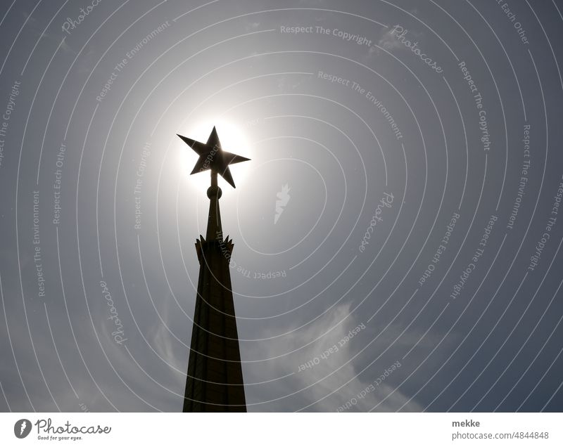In the shadow of the red star Stars soviet star Soviet Union Shadow Sun symbol Back-light Sky Silhouette Summer Light Clouds Sunlight Tower Spire Point
