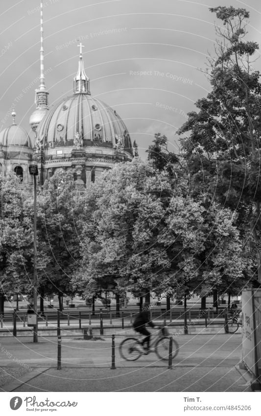 Cyclist, television tower and cathedral Berlin cyclists Dome Television tower Middle bnw Capital city Downtown Town Architecture Downtown Berlin Berlin TV Tower