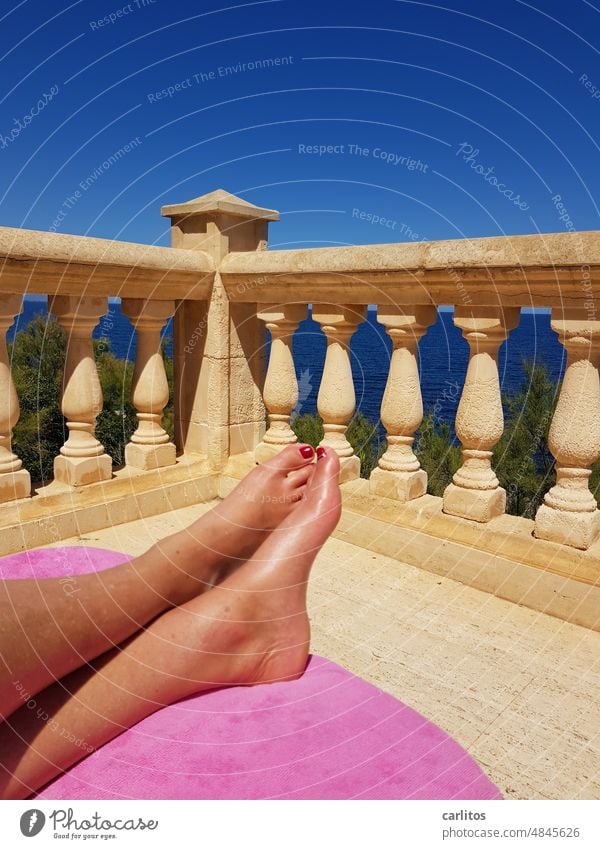Just no stress | Siesta under the Spanish sun Summer Sun Sunbathing Woman feet Nail polish Red Terrace columns balustrade rail Spain Majorca vacation