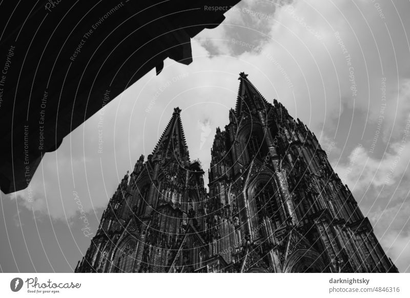 Cologne Cathedral with a modern building, Domforum travel vacation risky medieval Architecture contrasts spires Church Belief rhineland Tension tip stagger