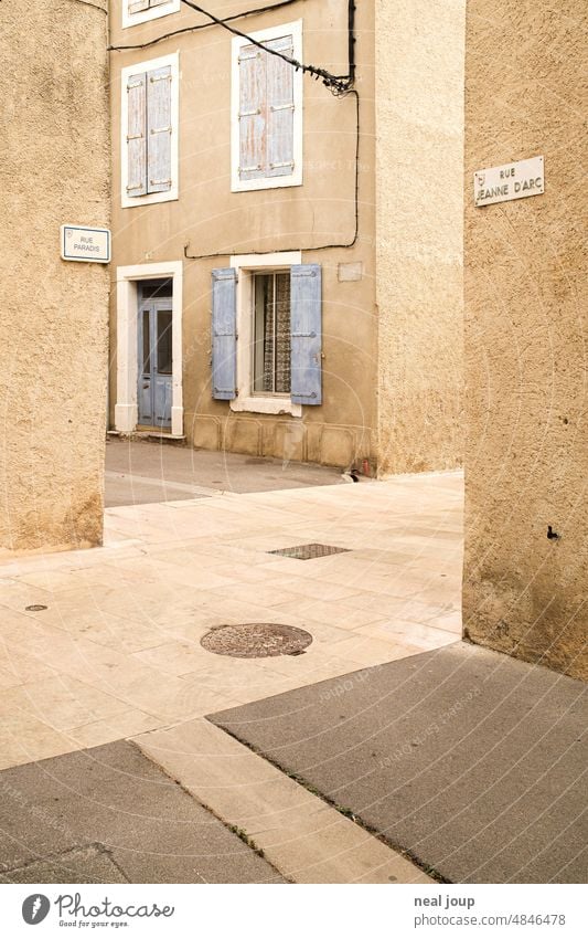 Graphic looking intersection in narrow old town streets; south of France Old town Deserted Architecture Exterior shot Facade Wall (building) Narrow vintage