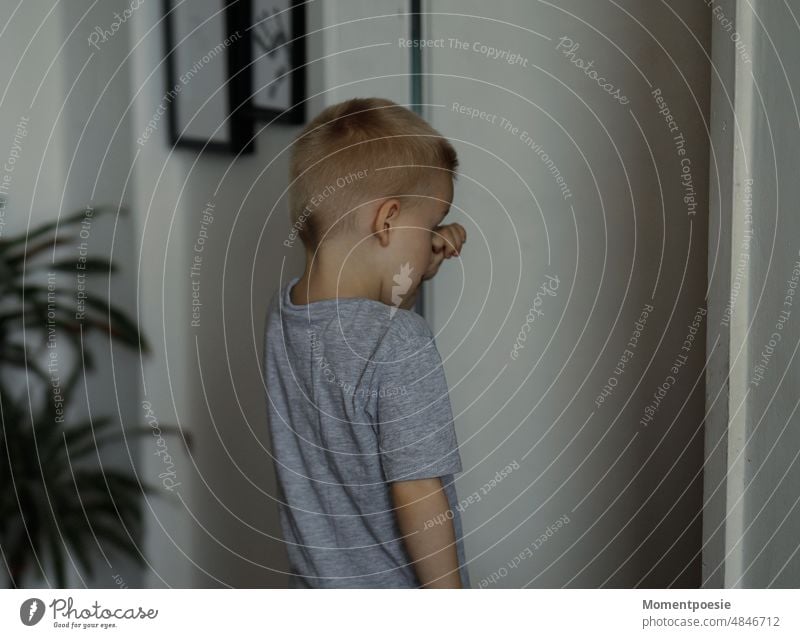 boy Boy (child) Blonde Small shirt Gray Flat (apartment) dwell T-shirt House (Residential Structure) Child Infancy Living or residing portrait Human being