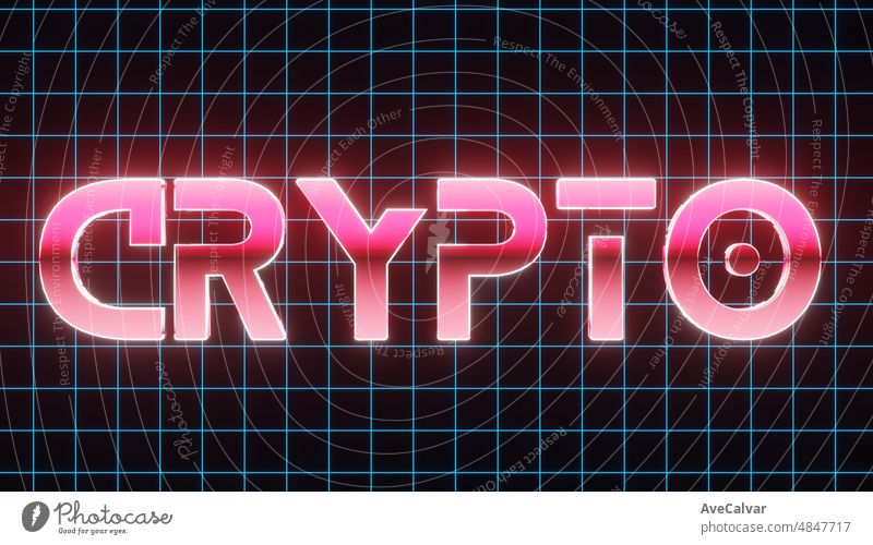 Background wallpaper Vintage style crypto text neon sign, old gaming concept.Glowing neon lights.Retro wave and synthwave style.For postcard,banner, poster.3D render images illustration