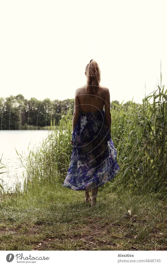 Young red blonde long haired woman standing with her back to camera by lake with reeds Woman youthful pretty Slim Grass Nature Blonde cheerful fortunate