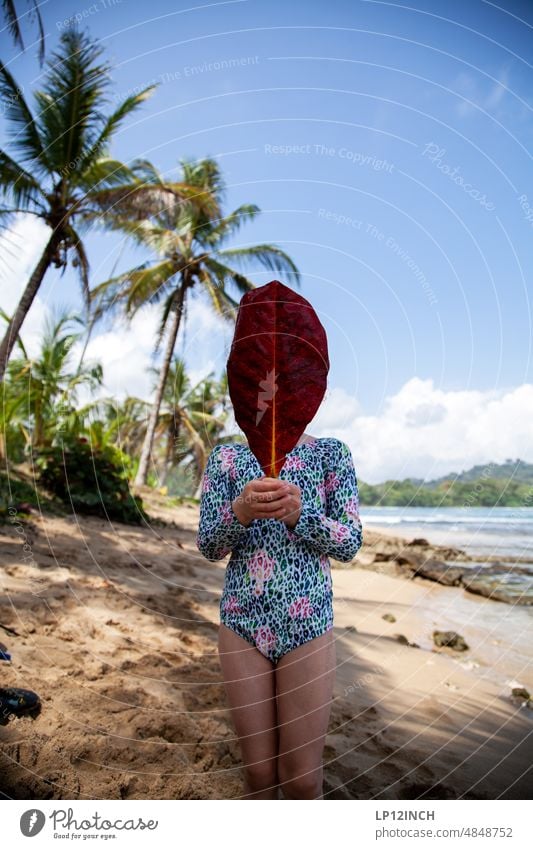 CR XIV. PURA VIDA Beach Girl Leaf stop palms Ocean Child vacation Tourism Costa Rica Sandy beach Caribbean Vacation & Travel Playing Nature