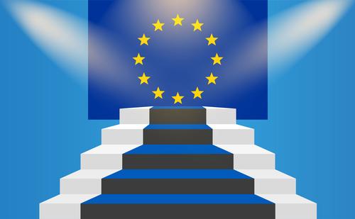 Treppe zur Europäischen Union. Flagge der Europäischen Union. Der EU beitreten Konzept bankwesen geschäft industrie finanzen finanzen und wirtschaft feier